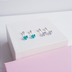 Kit de Brincos Ponto de Luz Zirconia Verde e Lilás