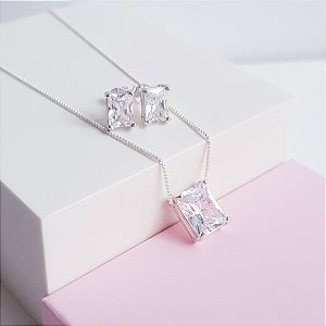 Conjunto Colar e Brincos Zirconia Retangular Prata 925