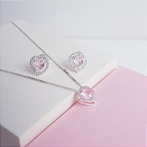 Conjunto Colar e Brincos Zirconia Coração Rosa Claro Prata 925