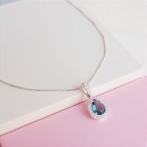 Colar com Pingente Azul London com Borda Cravejada Prata 925