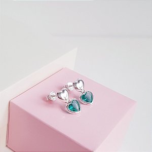 Brinco Coração com Pingente Zirconia Verde Prata 925