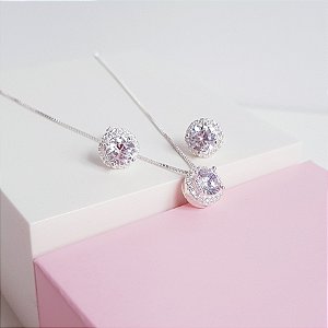 Conjunto Colar e Brincos Ponto de Luz Cravejado Zirconia Prata 925