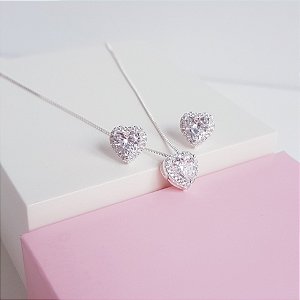 Conjunto Colar e Brincos Coração Ponto de Luz Cravejado Zirconia Prata 925