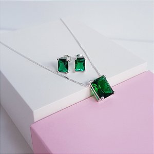 Conjunto Colar e Brincos Zirconia Verde Esmeralda Retangular Prata 925