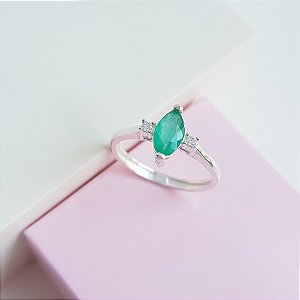 Anel Solitário Zirconia Navete Verde Prata 925