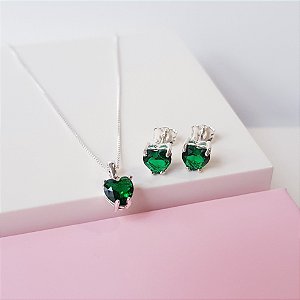 Conjunto Colar e Brincos Zirconia Coração Verde Prata 925