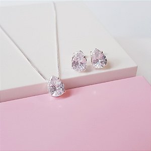 Conjunto Colar e Brincos Ponto de Luz Zirconia Gota Prata 925