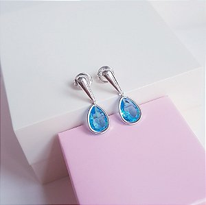 Brinco Slim com Zirconia Gota Azul Prata 925
