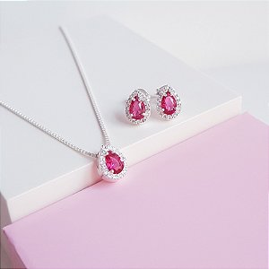 Conjunto Colar e Brincos Zirconia Gota Rosa Escuro Prata 925
