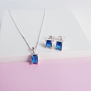 Conjunto Colar e Brincos Zirconia Retangular Azul Prata 925