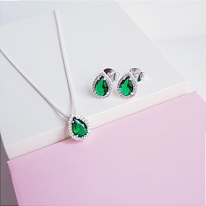 Conjunto Colar e Brincos Zirconia Gota Verde Esmeralda Cravejado Prata 925