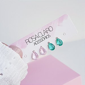 Kit Brincos Ponto de Luz Zirconia Gota Rosa e Verde Prata 925