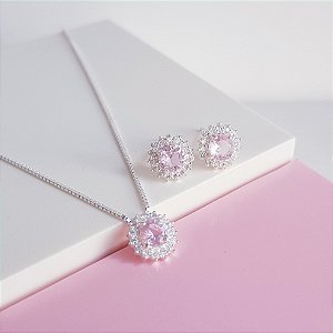 Conjunto Colar e Brinco Ponto de Luz Cravejado Rosa Prata 925