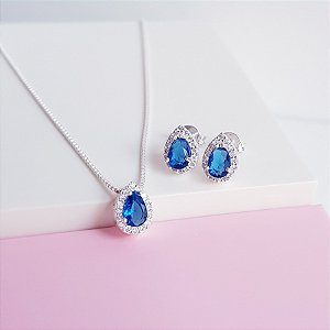 Conjunto Colar e Brincos Zirconia Gota Azul Cravejado Prata 925