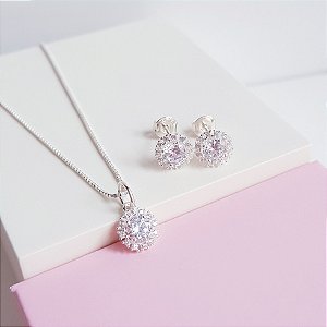 Conjunto Colar e Brincos Ponto de Luz Cravejado Prata 925
