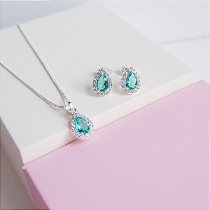 Conjunto Colar e Brincos Zirconia Gota Verde Cravejado Prata 925