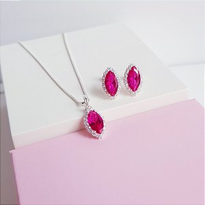 Conjunto Colar e Brincos Zirconia Navete Rosê Cravejado Prata 925