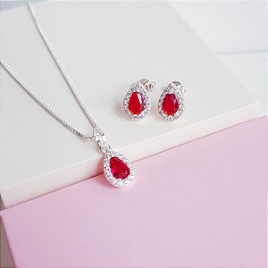 Conjunto Colar e Brincos Zirconia Gota Vermelha Cravejada Prata 925
