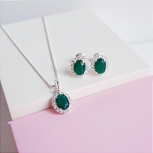 Conjunto Colar e Brincos Zirconia Oval Verde Esmeralda Cravejada Prata 925