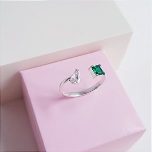 Anel Zirconias Verde e Cristal Prata 925