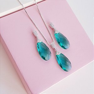 Conjunto Colar e Brincos Zirconia Verde Prata 925