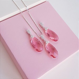 Conjunto Colar e Brincos Zirconia Rosa Prata 925