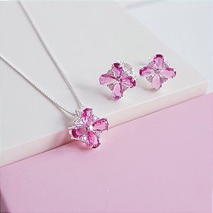 Conjunto Colar e Brincos Zirconias Rosa Prata 925