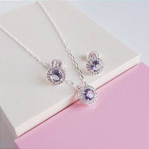 Conjunto Colar e Brincos Zirconia Lilas Redonda Cravejada Prata 925