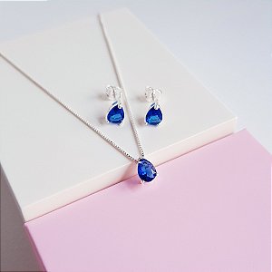 Conjunto Colar e Brincos Zirconia Gota Azul Escuro Prata 925