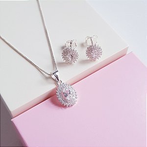 Conjunto Colar e Brincos Ponto de Luz Cravejado Zirconias Prata 925