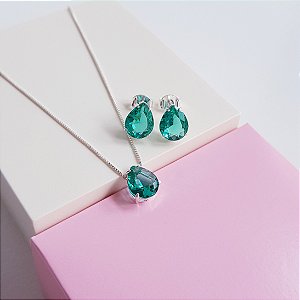 Conjunto Colar e Brincos Gota Verde Prata 925