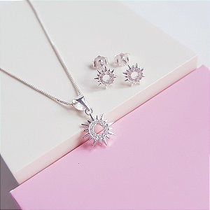 Conjunto Colar e Brincos Sol com Detalhes Cravejados Prata 925