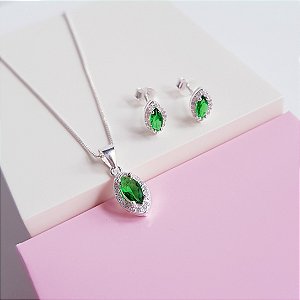 Conjunto Colar e Brincos Zirconia Verde Navete Prata 925