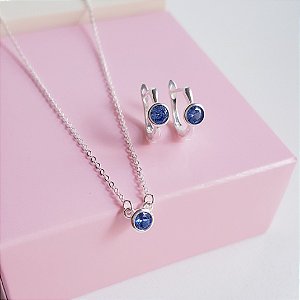 Conjunto Colar e Brincos Zirconia Azul London Prata 925
