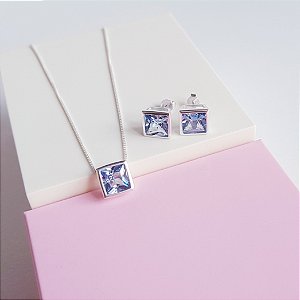 Conjunto Colar e Brincos Zirconia Quadrada Azul London Prata 925