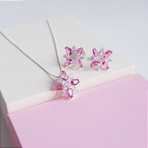 Conjunto Colar e Brincos Zirconias Rosa e Cristal Prata 925