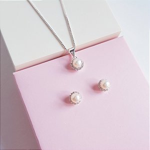 Conjunto Colar e Brincos Pérola Cravejada Prata 925