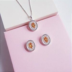 Conjunto Colar e Brincos Zirconia Amarela Citrino Prata 925