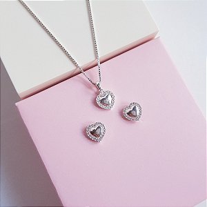 Conjunto Colar e Brincos Coração Prata 925