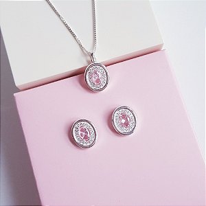 Conjunto Colar e Brincos Zirconia Rosa Claro Prata 925