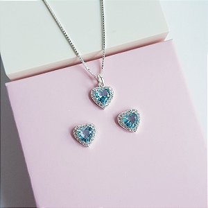 Conjunto Colar e Brincos Zirconia Coração Azul Sky Prata 925