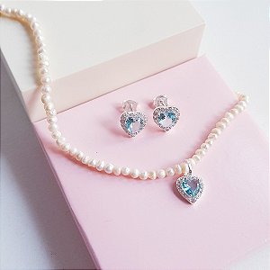 Conjunto Colar e Brincos Pérola e Zirconia Azul Sky Prata 925