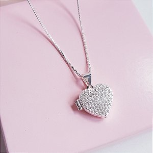 Colar com Pingente Relicário Coração Cravejado Prata 925