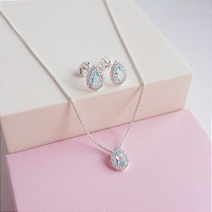 Conjunto Colar e Brincos Delicados Zirconia Gota Azul Claro Cravejado Prata 925