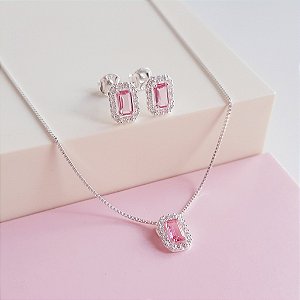 Conjunto Colar e Brincos Delicados Zirconia Retangular Rosa Claro Cravejado Prata 925