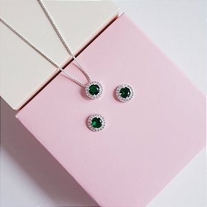 Conjunto de Joias Ponto de luz Zirconia Verde Redonda Cravejado Prata 925