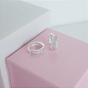 Argola Clique 10mm Cravejada Zirconias Fileira Dupla Prata 925