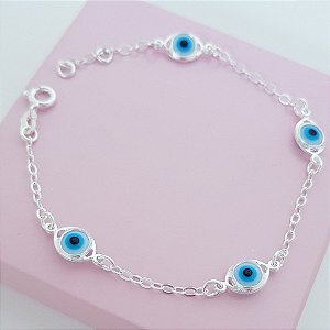 Pulseira Olho Grego Resina Azul Claro Prata 925
