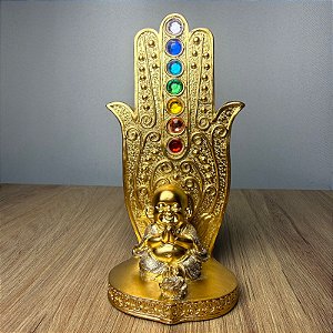 Incensário Mão de Hamsá Buda Meditando Dourado