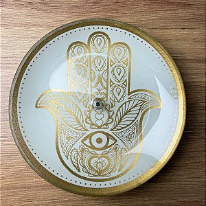 Incensário de Vidro Mão de Hamsá Branco e Dourado